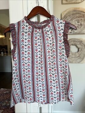 THML White Sleeveless Printed Ruffle Neck Top with Red & Navy Accents